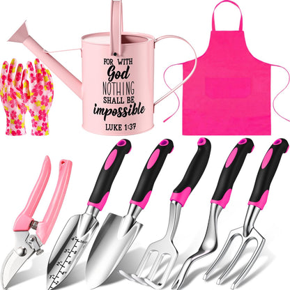 Blueweenly 9 Pcs Watering Can Garden Tools Kit with Bible Verse Christian Gardening Gifts for Women with Heavy Duty Garden Hand Tools 1.6L Galvanized Metal Can Apron Gloves for Mom Grandma(Pink)