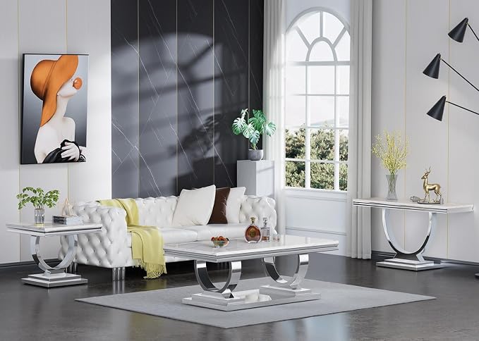 2 Piece Living Room Table Set Include 1 Faux Marble Coffee Table & 1 Console Table, Modern White Silver Coffee Table Set of 2 with Double O Shape Stainless Steel Pedestal Base