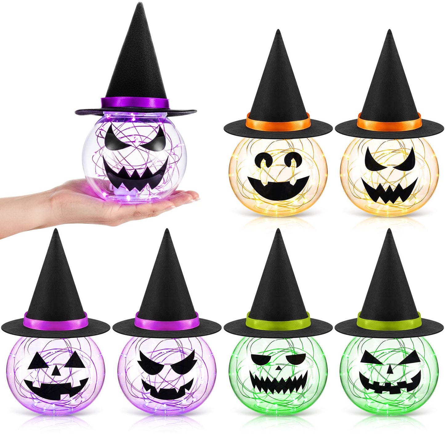 LemonRoad 6 Pack Halloween LED Jack O Lantern Table Decor with Witch Hat Plastic Lighted Pumpkin Jars Mantel Tiered Tray Table Centerpieces for Indoor Outdoor(Orange, Green, Purple)
