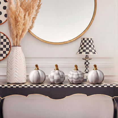 DoubleFill 6 Pcs Gray and White Check Ceramic Pumpkins Fall Farmhouse Table Centerpiece Porcelain Pumpkin Tiered Tray and Mantel Ornaments for Indoor Thanksgiving Autumn Decor