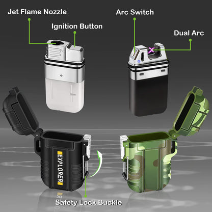 2 Pack Waterproof Lighter Outdoor Windproof Torch Lighters Dual Arc Butane Electric Lighters USB Rechargeable Lighters Flameless Plasma Lighter Camping Hiking Adventure Survival Tactical Gear