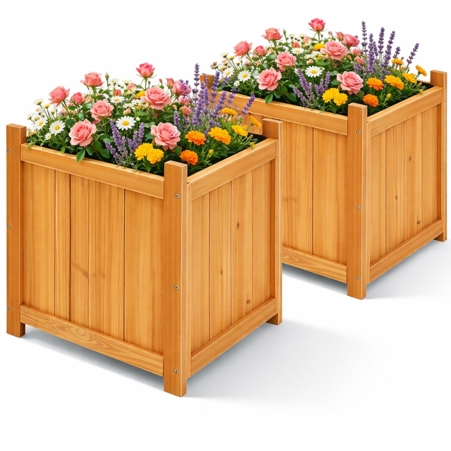 Ultym Set of 2 Fir Wood Square Planter Boxes, 18" Extra Large Outdoor Flower Box with Removable Drainage Base & Non-Woven Liner, Rustic Wooden Planters for Patio Garden Balcony, Wood Bucket Planter