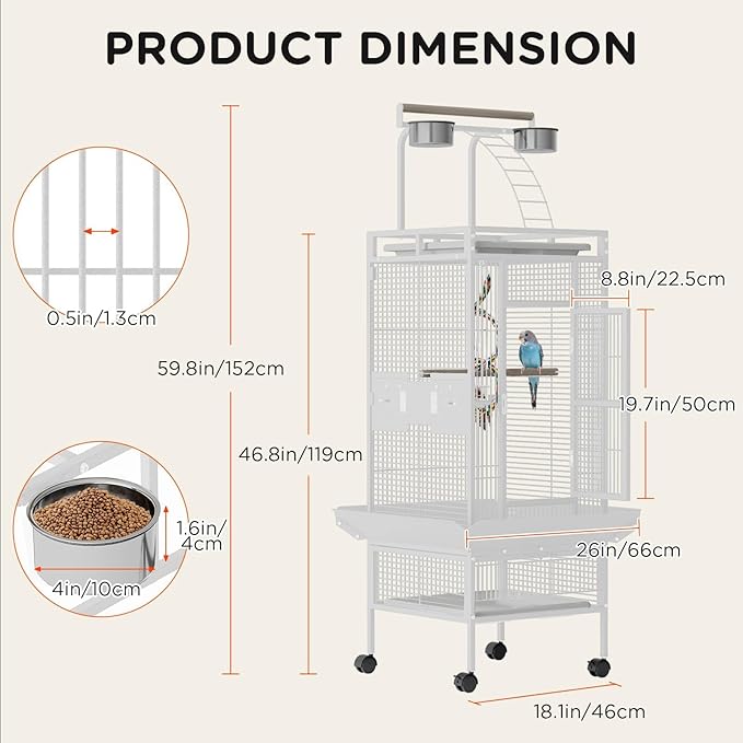 GarveeLife Large Bird Cage 60-inch Playtop Metal Bird Cages with Rolling Stands, Feed Bowls for Parakeets, Conures, Parrot Cage for Medium Large Parrot Cage with Slide-Out Tray Seed Guard, White