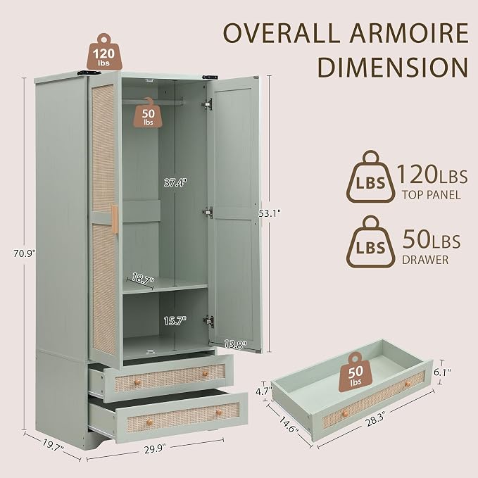 Brafab Armoire Wardrobe Closet with 2 Rattan Doors, 71" Vintage Blue Tall Freestanding Coat Closets with Drawers and Hanging Rail, Wooden Armoires Storage Cabinet with Shelf for Bedroom