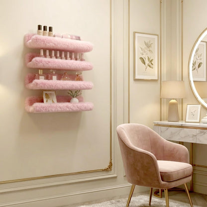Care&More YJ 15 Inch Nail Polish Shelves, 4-Pack Fuzzy Display Nail Polish Rack for Storing Nail Bottles, Sunglasses, Essential Oils, Plush Soft Pink
