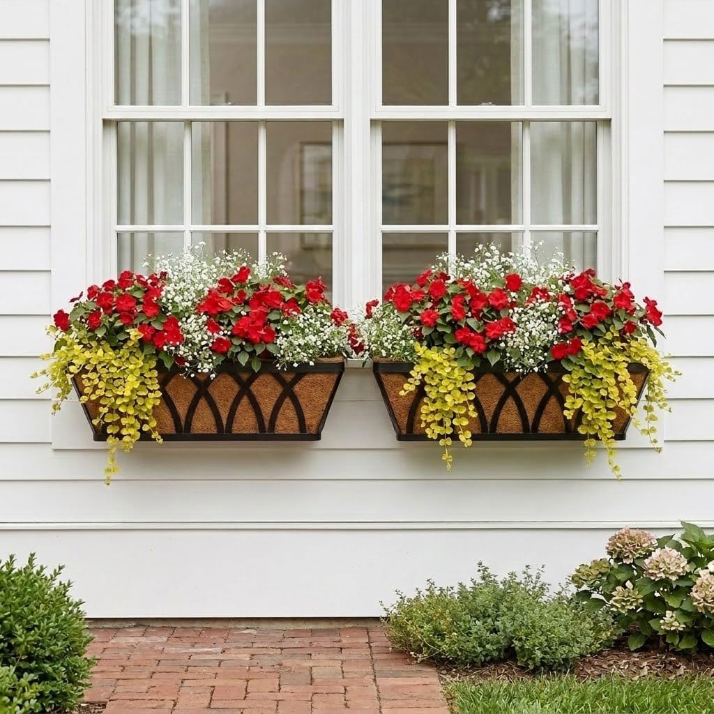 Nature Crafted 24 Inch Window Box Planter with Coco Liner for Hanging Outdoor Plants, 2 Pack Railing Planter Boxes with Adjustable Brackets for Balcony Deck Porch & Patio Garden Decor, Black
