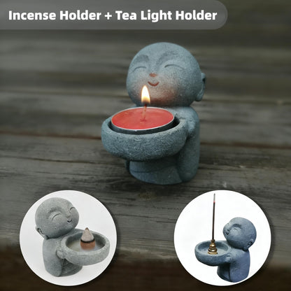 Zen Monk Incense Holder, Sandstone Ksitigarbha Statue for Mindfulness Meditation, Feng Shui Buddha Decor for Home Office, Cute Little Figurine as Candle/Tea Light Stand, Consecrated with Amulet