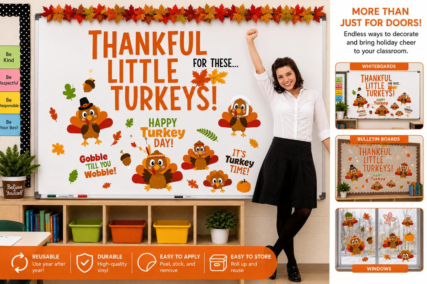 Hello Hallway Classroom Door Decorations for Teachers, Thanksgiving | Reusable Peel & Stick Door & Whiteboard Decor Kit | Preschool Pre-K Kindergarten Classroom Wall Decor