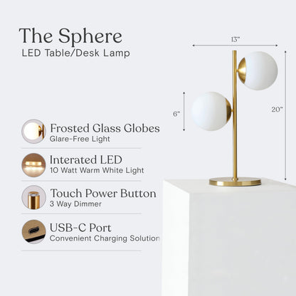 Brightech Sphere Table Lamp for Living Room, Mid-Century Modern Nightstand Light for Bedroom Offices, Contemporary Living Room Decor - 2 LED Globe Lights, USB Port – Gold/Antique Brass