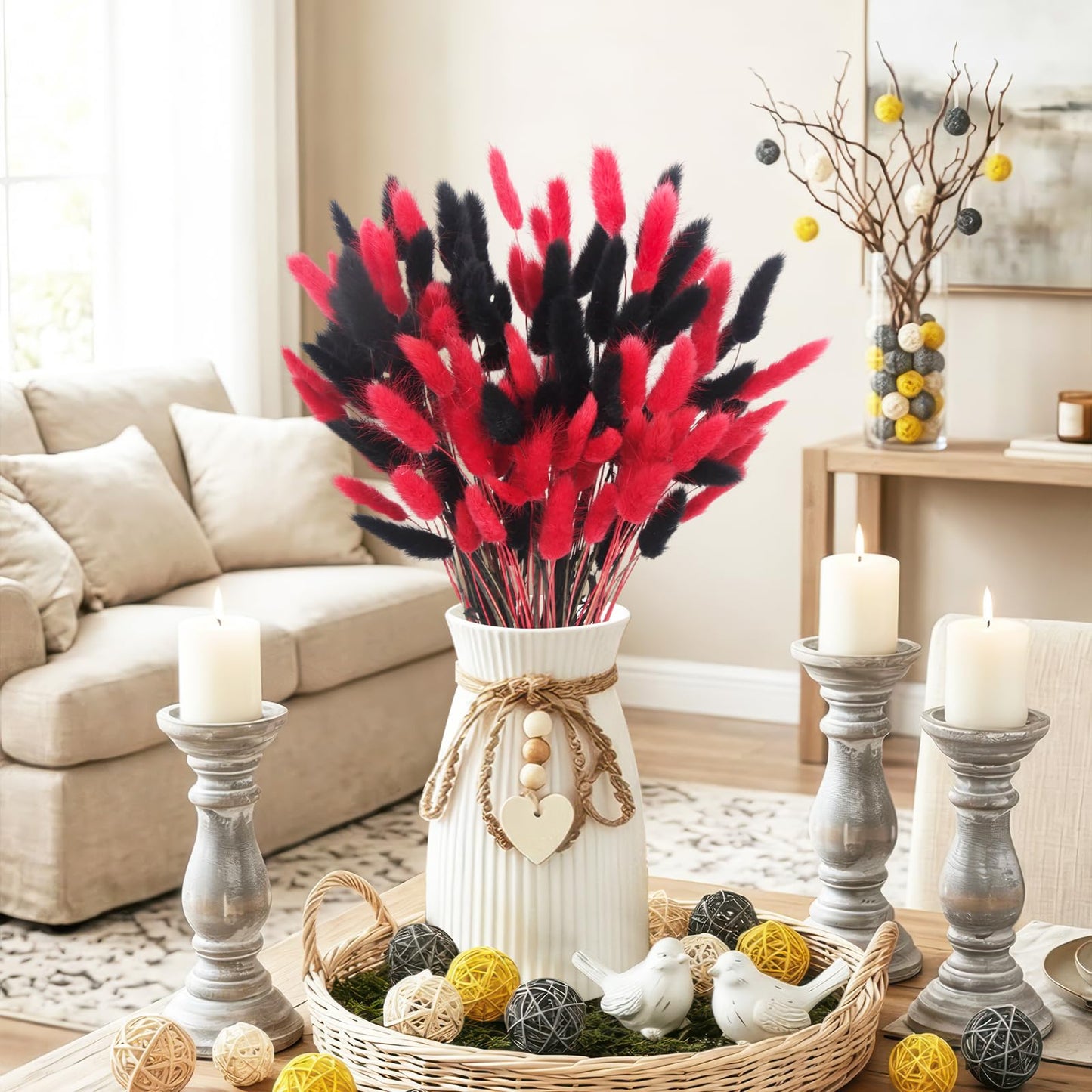 LILOCOO 120 Pcs Dried Bunny Tails Flower Red and Black Pampas Grass Flower Arrangements Bohemian Decor Home Wedding DIY Farmhouse Table Christmas Halloween (16 .9Inch)