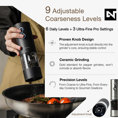 Electric Salt and Pepper Grinder Set USB-C Rechargeable, Dual-Speed Automatic Salt and Pepper Mills with 9 Adjustable Coarseness, Ceramic Burr, LED Light, Refillable, (Stainless Steel)