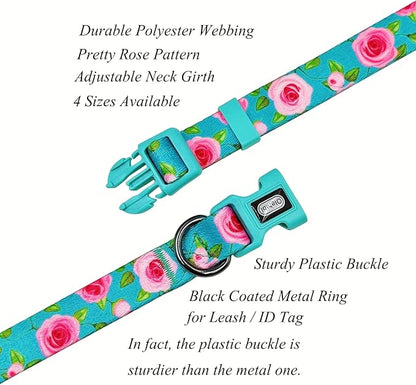 Dog Collar and Leash Set, Rose Pattern, Polyester Material, 5ft Matching Leash, for Medium Dogs.(M, Green Rose Set)