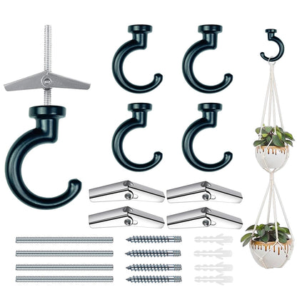OBSTKUCHEN Large Swag Ceiling Hooks Heavy Duty Swag Hook with Hardware for Hanging Plants Ceiling Installation Cavity Wall Fixing (4 Sets, Black)