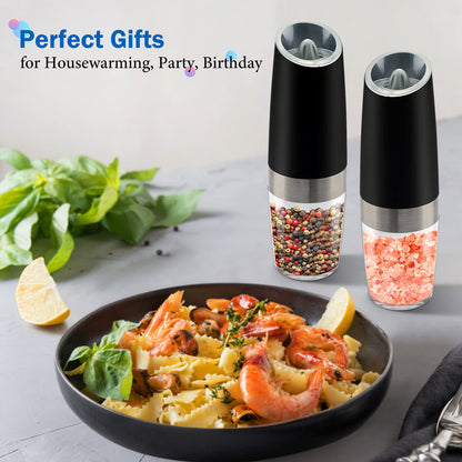 Gravity Electric Salt and Pepper Grinder Set, Battery Powered LED Light One Hand Automatic Operation, Adjustable Coarseness Mill Grinders Shakers Black (A.Black 2p)