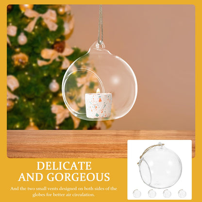 VICASKY 5pcs Hanging Glass Tealight Holders Sphere Ball Candle Holders with 8cm Opening and 1.2m Jute Rope for Indoor Home Décor and Plant Terrariums