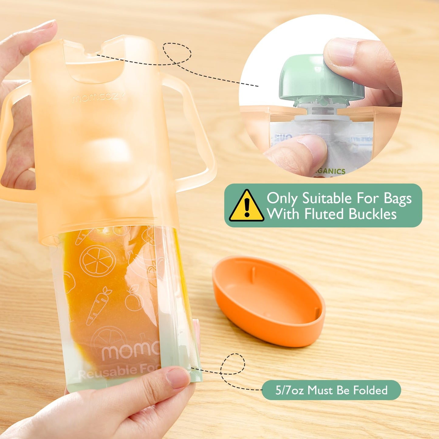 Momcozy Squeeze Pouch Holder for Food Pouches and Drink Boxes, Baby Pouch Holder Allows Baby to Self-feed and Avoid Messes, Baby Food Pouch Holder Handle is Easy to Grip, Comfortable, Violet&Orange