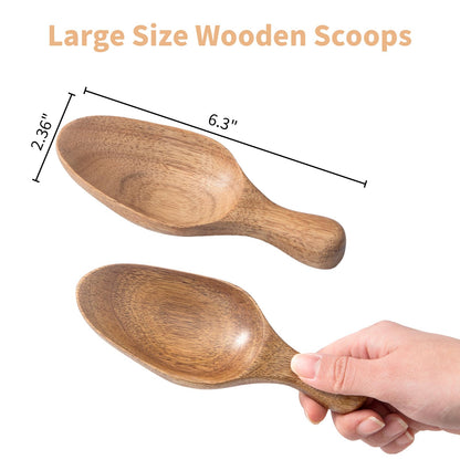 Big Wooden Scoop Shovel, Large Coffee Scoops for Ground coffee, 2PCS Acacia Wood Bean Salt Spoons, Wooden Scoops for Jars Canisters, Kitchen Scoops for Flour Laundry Scoop Multi-purpose