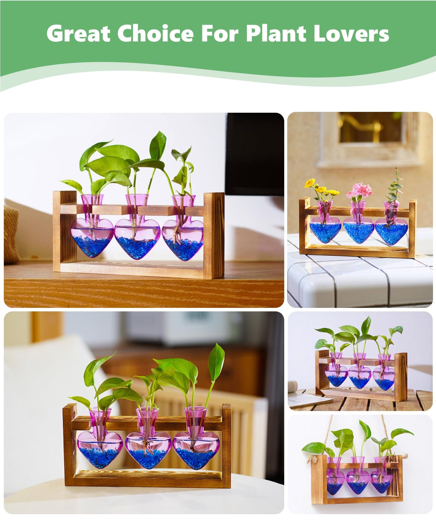 Nacome Plant Terrarium Propagation Stations: Mothers Day Gifts for Mom Plant Lovers Women Wife Daughter - 3 Bulb Glass Vase with Wooden Stand Tabletop for Hydroponics Home Garden Decor(Purple)