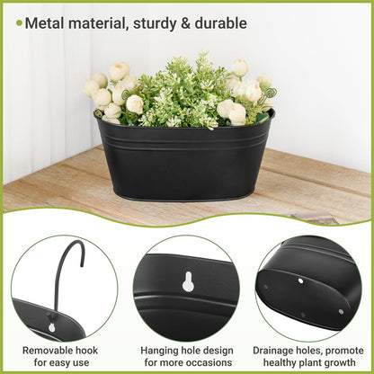 Dahey 3 Pcs 10.5 Inch Hanging Flower Pots for Railing Fence Metal Wall Planters for Indoor Plants Outdoor Countryside Window Flower Holder with Hooks Drainage Holes for Garden Yard Home Decor, Black