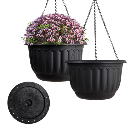 YIKUSH Planters for Outdoor Plants 2 Pack Black Plant Pots with Drainage Hole and Absorbing Tray Hanging Planters for Indoor Plants (12 inch, 3 Hooks)