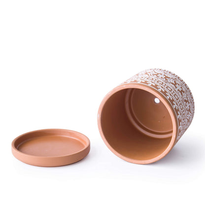 D'vine Dev Set of 2 Terracotta Pots, Wave Pattern Planter Pot, 4 Inch and 6 Inch, Pot with Drainage Hole and Saucer, Terracotta/White, 31-958-F-1
