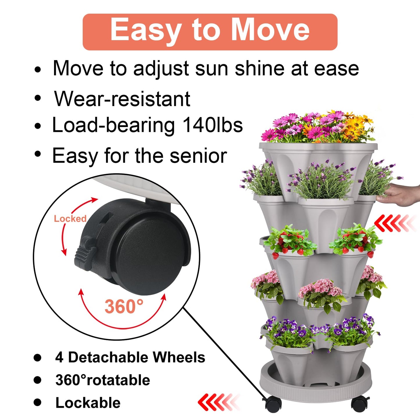 GameXcel Vertical Planter Tower - 5 Tier Stackable Garden Planters with Wheels and Tools Plant Pots for Strawberry Herb Flower and Vegetable Indoor Outdoor Use Gray