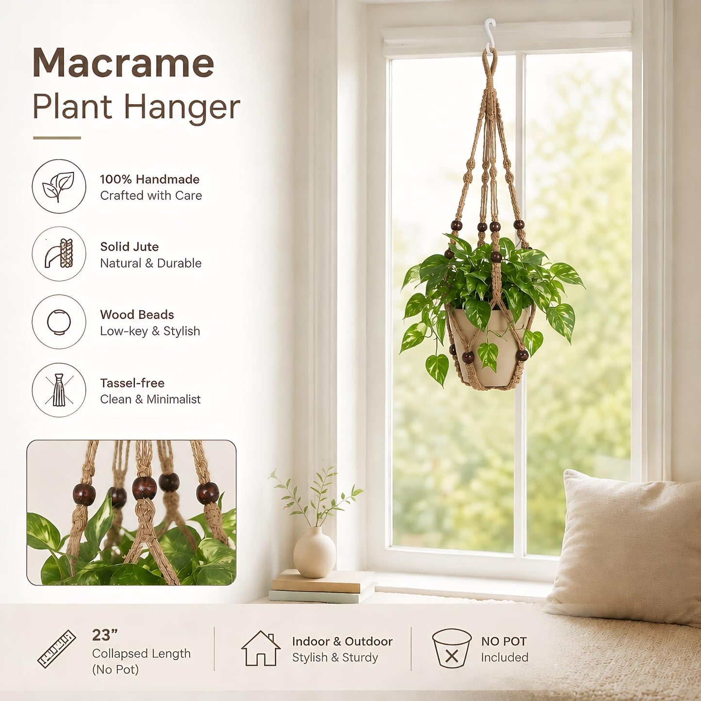 mivofo Macrame Plant Hanger 23", Set of 2 No Tassel Hanging Plant Holder Indoor, Sturdy Flower Pot Holder with Hooks - Brown (Pot NOT Included)