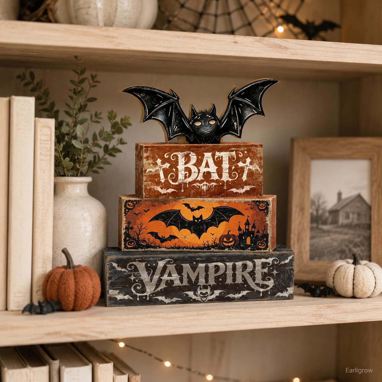4 Pcs Halloween Table Decorations Bat Tiered Tray Decor Farmhouse Rustic Wooden Block Signs with Vampire & Jack-o'-Lantern Halloween Tabletop Centerpiece for Home Kitchen Shelf Mantel Office Desk