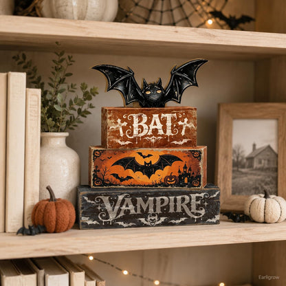 4 Pcs Halloween Table Decorations Bat Tiered Tray Decor Farmhouse Rustic Wooden Block Signs with Vampire & Jack-o'-Lantern Halloween Tabletop Centerpiece for Home Kitchen Shelf Mantel Office Desk