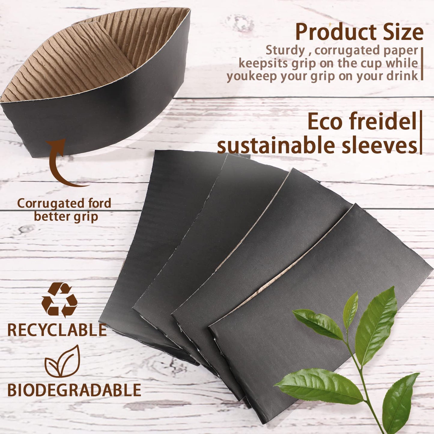 Thenshop 100 Pcs Black Coffee Sleeves Disposable Coffee Cup Sleeves Corrugated Kraft Paper Cardboard Protective Hot and Cold Insulator, Fits 12, 16, 20, 22, 24 oz Drink Beverage Cups