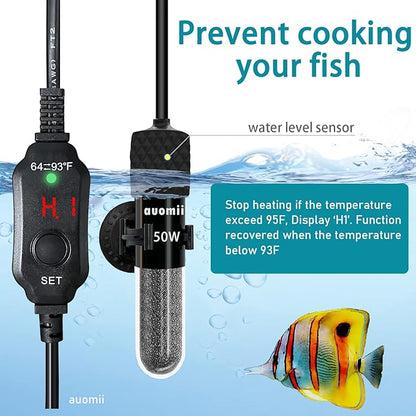 Small Submersible Aquarium Heater,Adjustable Mini Fish Tank Heater 25/50/100/150/200/300 Watts with External Temperature Controller, LED Display, Smart Memory, Used for 1-60 Gallons