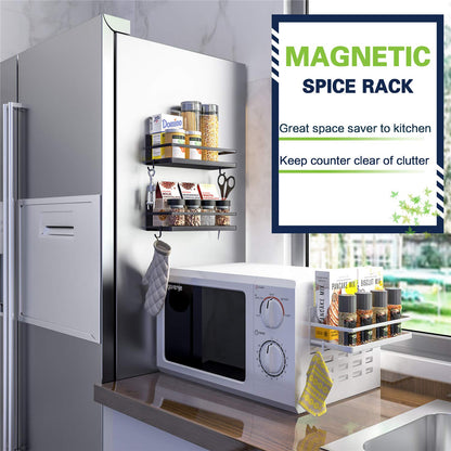 Magnetic Spice Rack, Thipoten Strong Magnetic Shelf with 2 Removable Hooks, Perfect Space Saver for Small Kitchen/ Apartment, Awesome Metal Cabinet for Holding Spices, Jars, Salt (White, 2Pack)