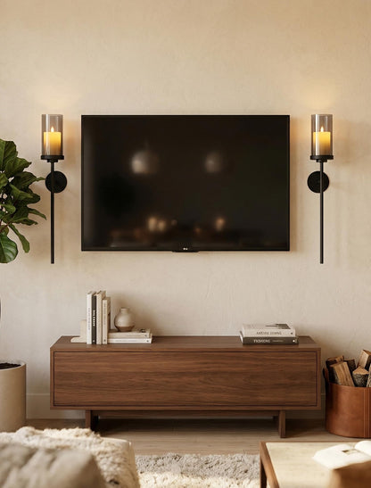 Walasis Black Wall Candle Holder Decor: 22 Inch Metal Long Candle Sconces with Smokey Grey Hurricane Modern Minimalist Decoration for Hallway Living Room Beside Fireplace TV