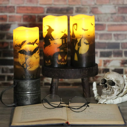 OWLBAY Set of 3 Halloween Flickering Flameless Candles with Remote and Timer, Real Wax Battery Operated LED Pillar Candles Assorted Decals Witch, Bats, Castle for Holiday Decor (D 3" H 6")