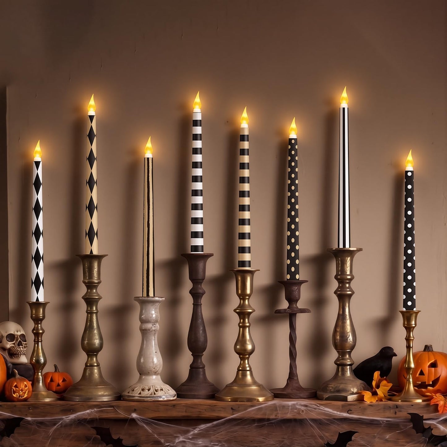 Lounsweer 8 Pcs Halloween Flameless Taper Candles 10.6 Inch LED Black and White Striped Flameless Candles Flickering Battery Operated Plastic Flickering LED Candlestick for Window Home Party Decor