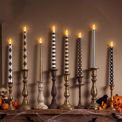 Lounsweer 8 Pcs Halloween Flameless Taper Candles 10.6 Inch LED Black and White Striped Flameless Candles Flickering Battery Operated Plastic Flickering LED Candlestick for Window Home Party Decor