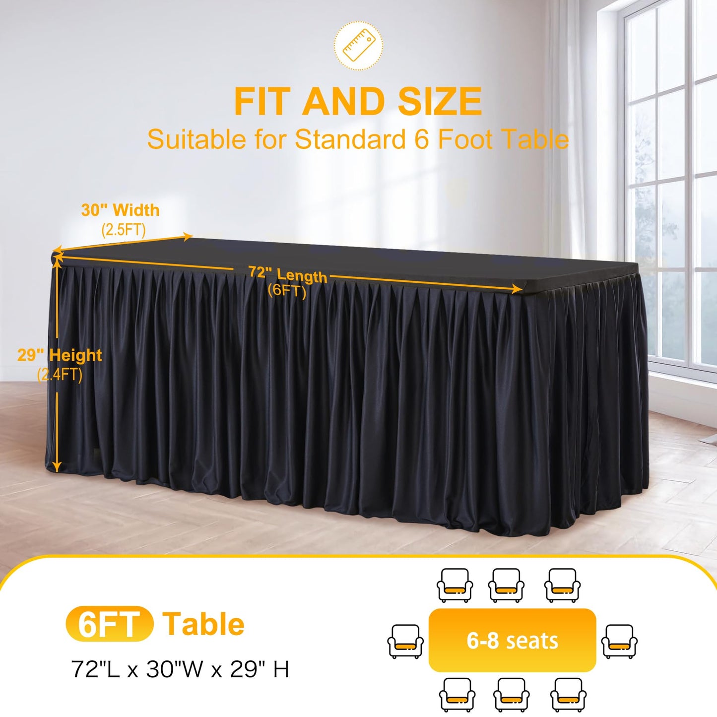 Wish Care Black Table Clothes for Rectangle Tables 6ft, Wrinkle Resistant Fitted Table Cloth with Pleated Ruffle Skirts for Banquet Wedding Baby Shower Folding Tables