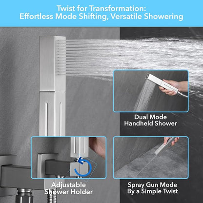 VANFOXLE Shower Faucet Set Brushed Nickel Shower System, Push Button Diverter Shower Faucet with Trim Kit, Ceiling Mount 12 Inch Shower Head Increased Thick, 6 Inch Side Shower Head, 2-in-1 Handheld