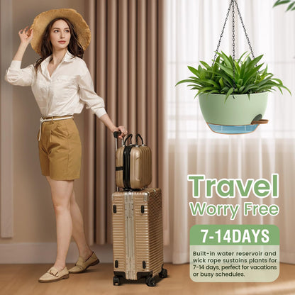 2 Pack 12 Hanging Flower Pots with Chains Self Watering Plastic Planters for Indoor Outdoor Plants, Sturdy Triangular Iron Chain Design for Garden PorchPlastic hanging flower pots (2, Green Brown)