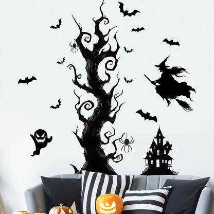 Halloween Wall Decals,Peel and Stick Halloween Theme Decor Stickers,Removable Vinyl Spooky Scary Face Wall Sticker for Holiday Party Decor. (Haunted House Creepy Tree Bats Wall Decals)