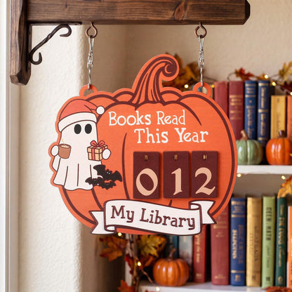Sabary Pumpkin Books Read This Year Counter Cute Ghost Reading Book Sign Adopt a Ghost Reading Tracker Sign for Bookshelf Decor Halloween Gifts for Book Lovers Bookshelf Decor Wall Art