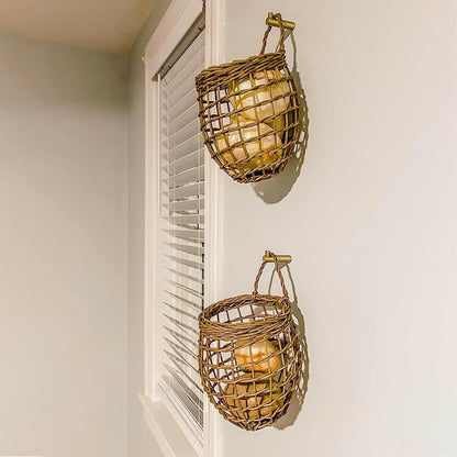 Elsjoy Set of 2 Hanging Onion Basket, Wall Mount Small Wicker Baskets for Food Storage, Woven Rattan Basket for Kitchen, Pantry, Home Decor