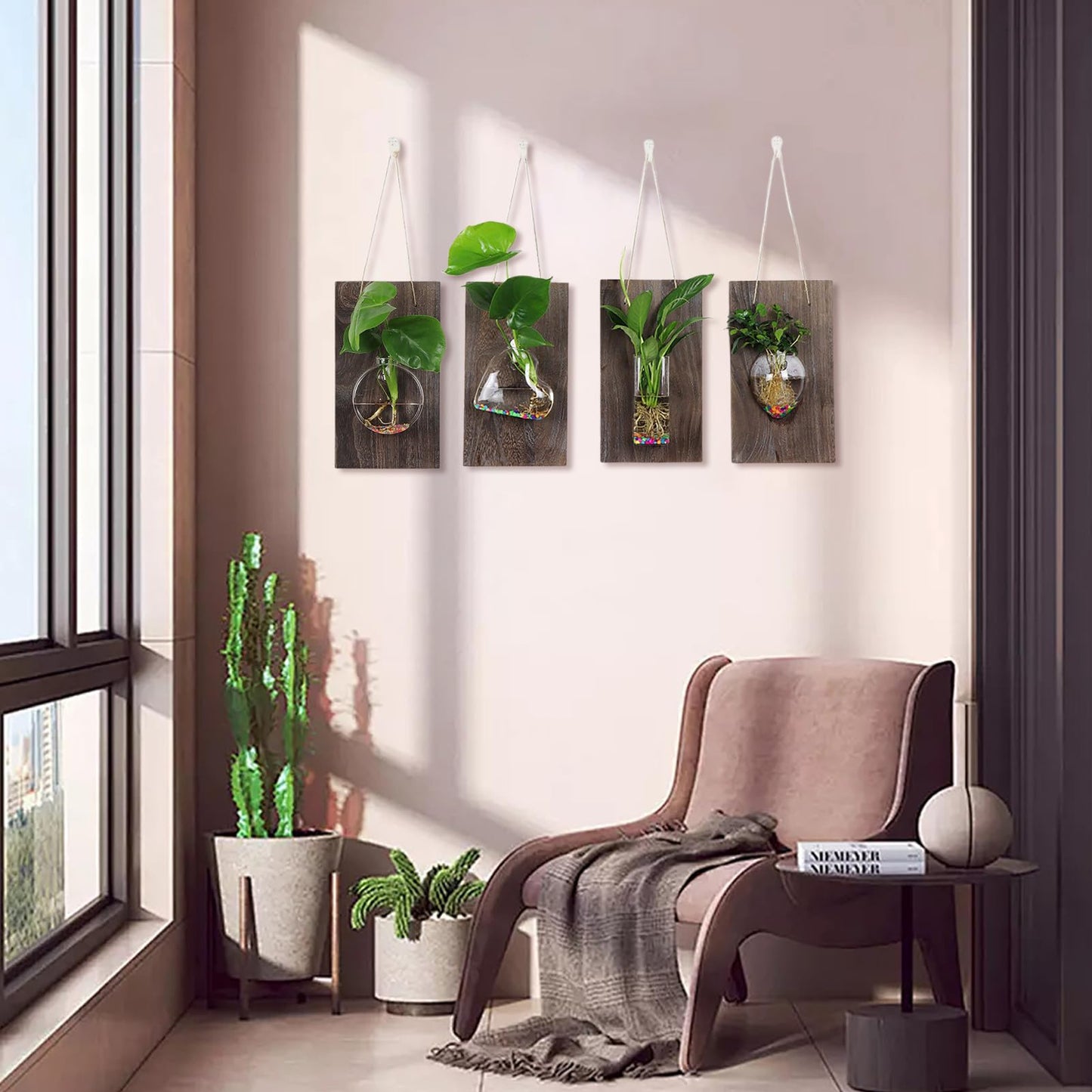 Marooma 2 Pcs Wall Hanging Glass Vases, Solid Wood Wall Mounted Glass Vase, Clear Terrarium Display Vase for Hydroponic Flowers Plants, Home Office Garden Decor (A)