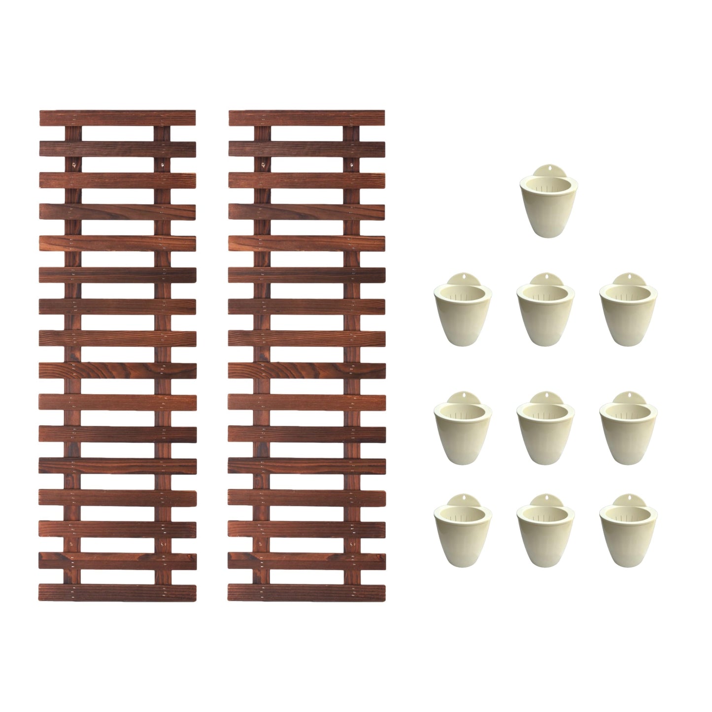 ShopLaLa Bundle- 2 Pack, 35.4 Wooden Plant Holder + 10 Pack, 4 Inch White Self Watering Plastic Pots Large Unique Modern Vertical Wall Mount Hydroponic Garden System Outdoor Planter Dark Brown Decor