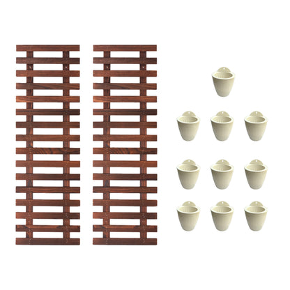 ShopLaLa Bundle- 2 Pack, 35.4 Wooden Plant Holder + 10 Pack, 4 Inch White Self Watering Plastic Pots Large Unique Modern Vertical Wall Mount Hydroponic Garden System Outdoor Planter Dark Brown Decor