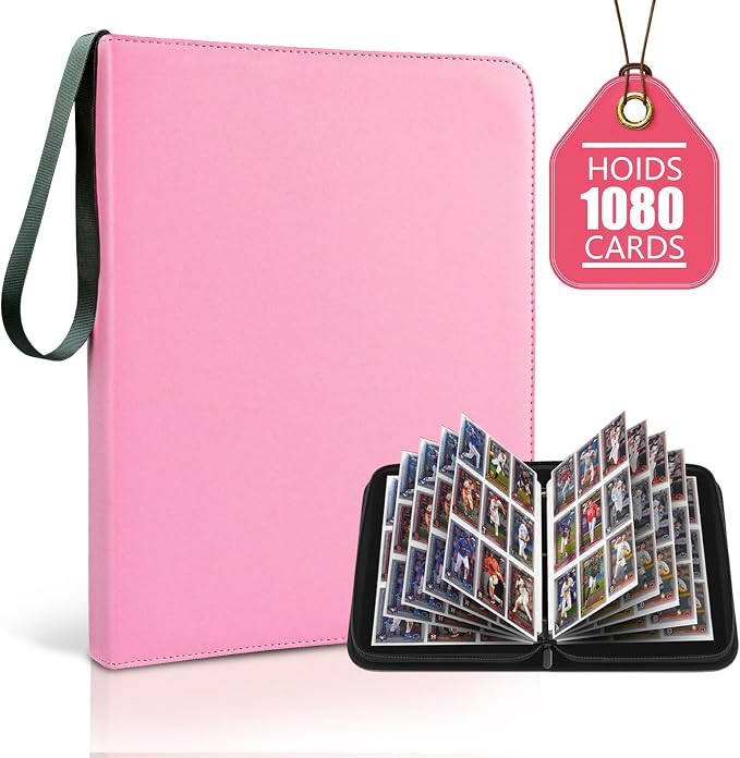 9 Pocket Trading Card Zip Binder - Holds 1080 Cards, 60 Pages Large-Capacity,Double-Sided Removable Sleeves, Suitable for Game Cards/Sports Cards Storage,Pink