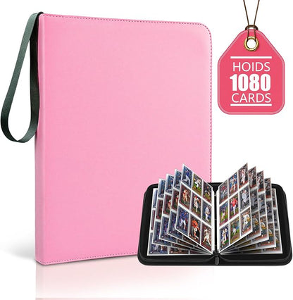 9 Pocket Trading Card Zip Binder - Holds 1080 Cards, 60 Pages Large-Capacity,Double-Sided Removable Sleeves, Suitable for Game Cards/Sports Cards Storage,Pink