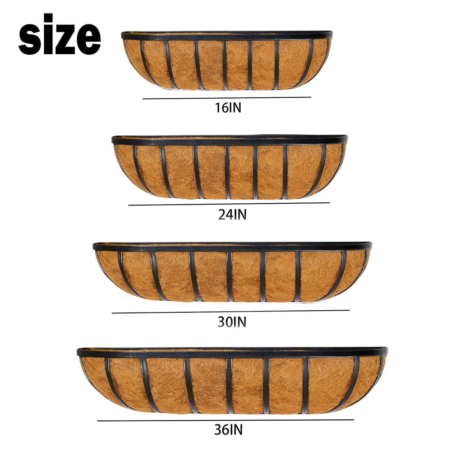 JFFLYIT 4 Pcs 24“ Railing Planter Window Box Deck Railing Planter Boxes with Coco Liner English Horse Trough Planter Metal Wall-Mounted Planters Basket for Outdoor Balcony Porch Fence Patio Rail