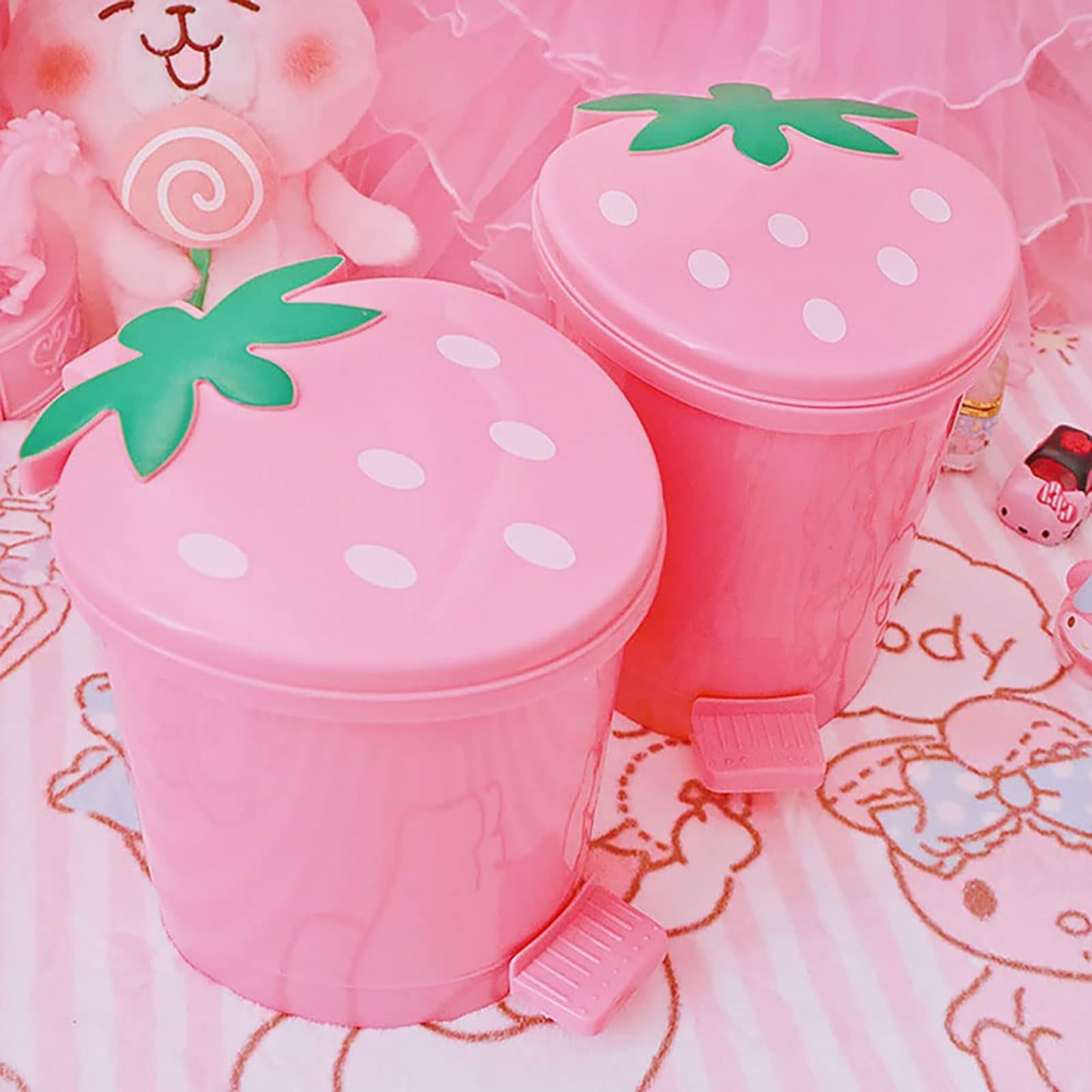 BxuxJar Strawberry Trash Can, 1 Gallon Small Pink Trash Cans with 0.3 Gallon Mini Garbage Can, Cutecore Room Decor Kawaii Cute Trash Can for Bedroom with 2 Rolls Garbage Bag and 3D Cartoon Stickers