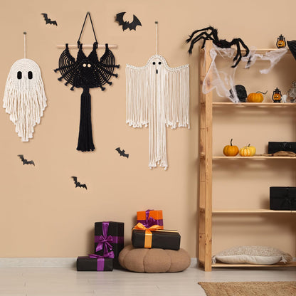 Remagr 3 Pcs Halloween Macrame Ghost Bat Wall Decor Handmade Ghost Wall Hanging Halloween Boho Decorations, Spooky Season Decor for Home Decorations